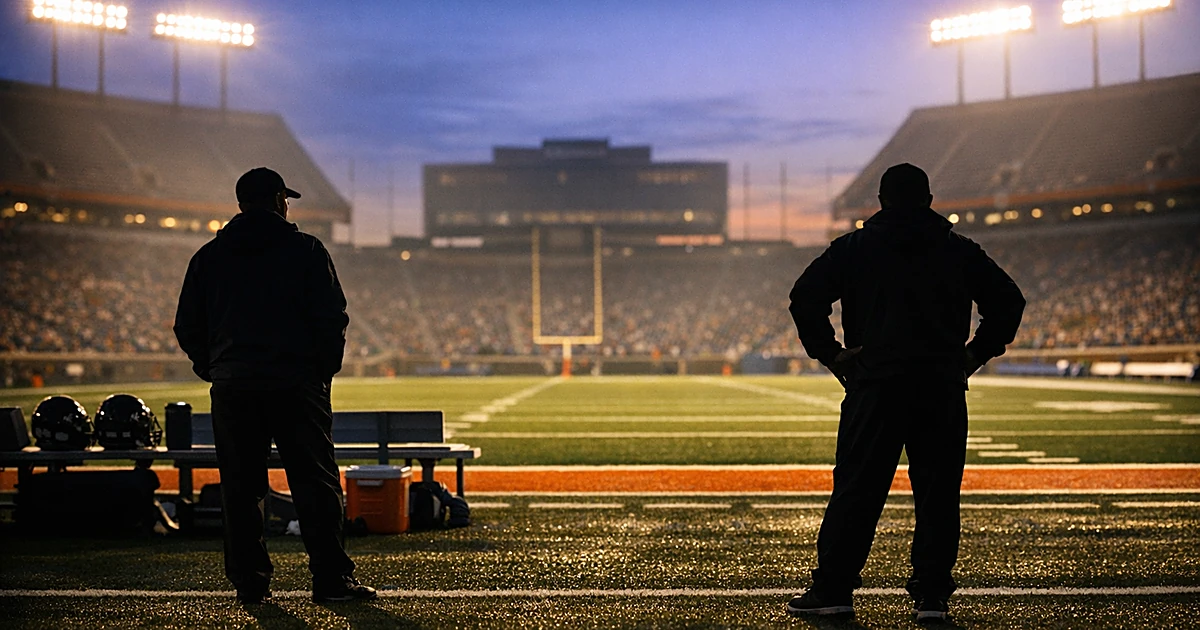 Empty college football stadium at dusk with two silhouetted figures standing apart on sideline under stadium lights