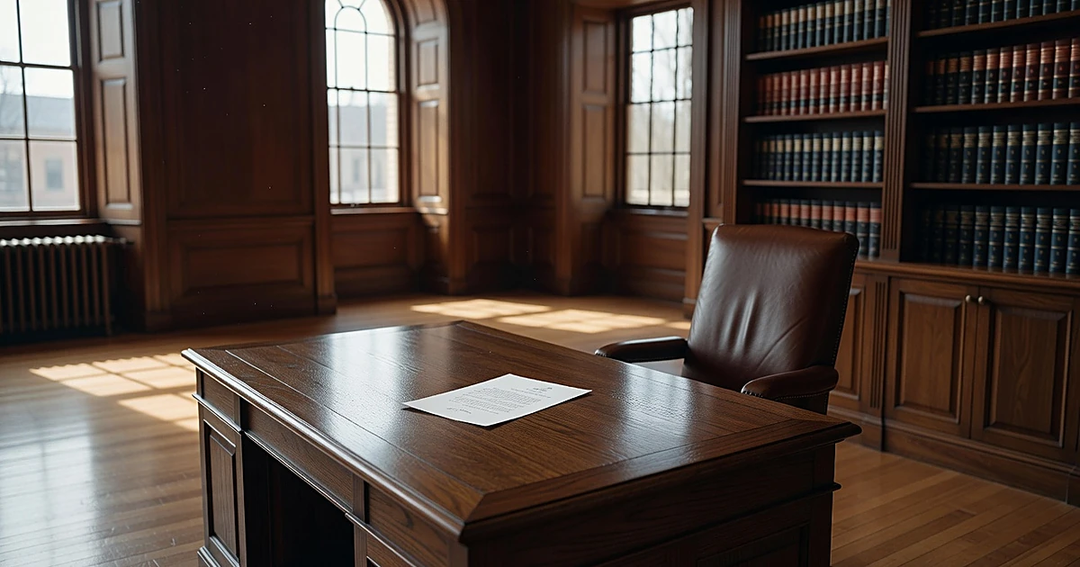 Empty executive office with resignation letter on desk and vacant chair in New Jersey State House