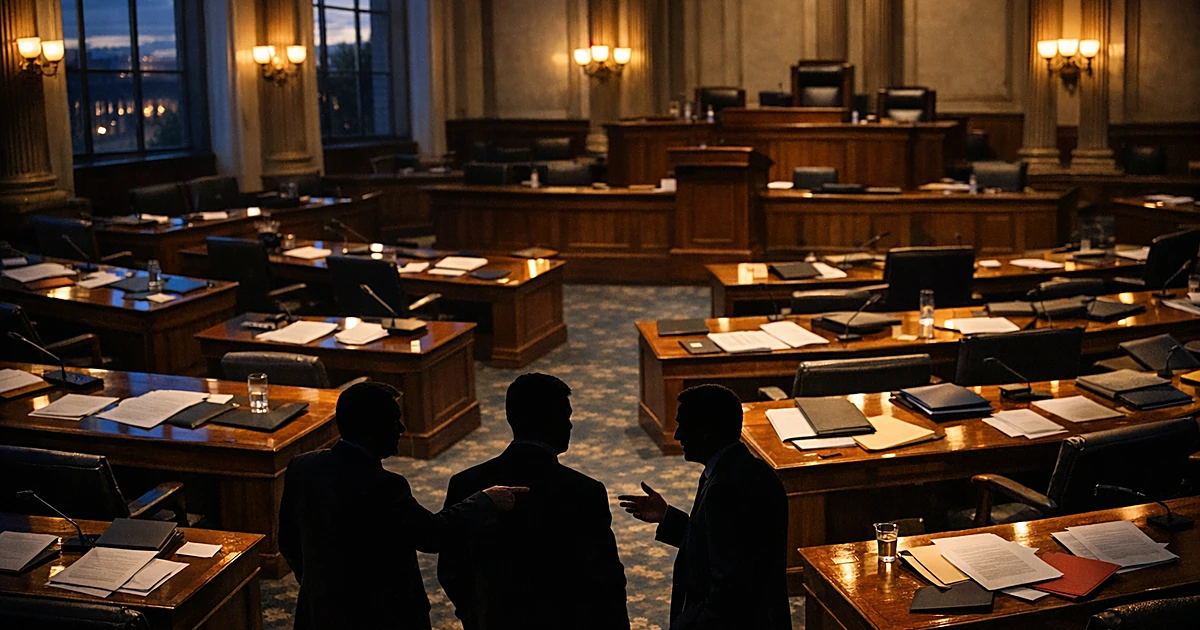 Legislative chamber interior with silhouetted figures in discussion among scattered papers on desks at dusk