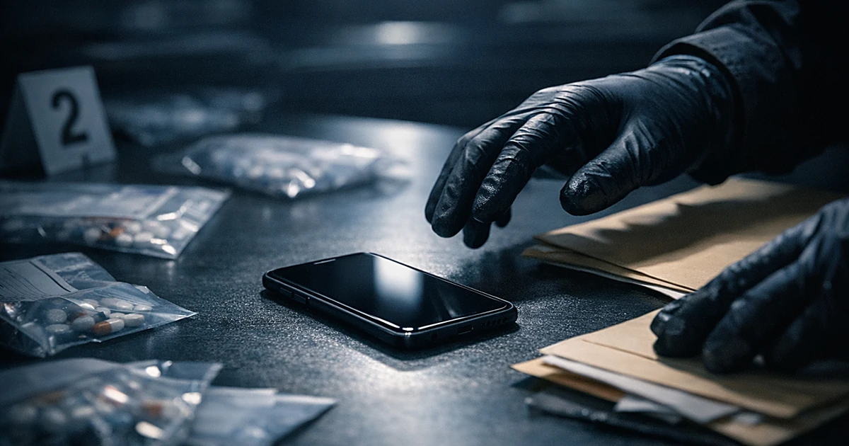 Smartphone on evidence table under examination light with investigator's gloved hands reaching toward it