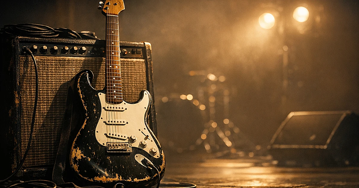 Electric guitar leaning against amplifier on empty stage with dramatic spotlight and shadows