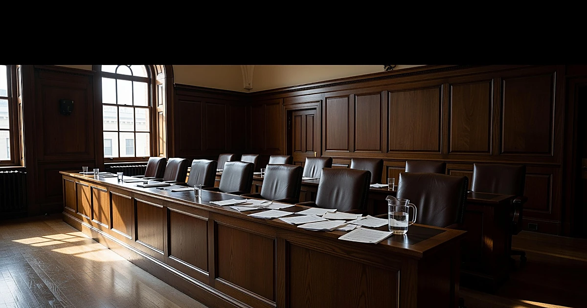 Empty jury box with scattered papers in a federal courtroom with dramatic afternoon lighting