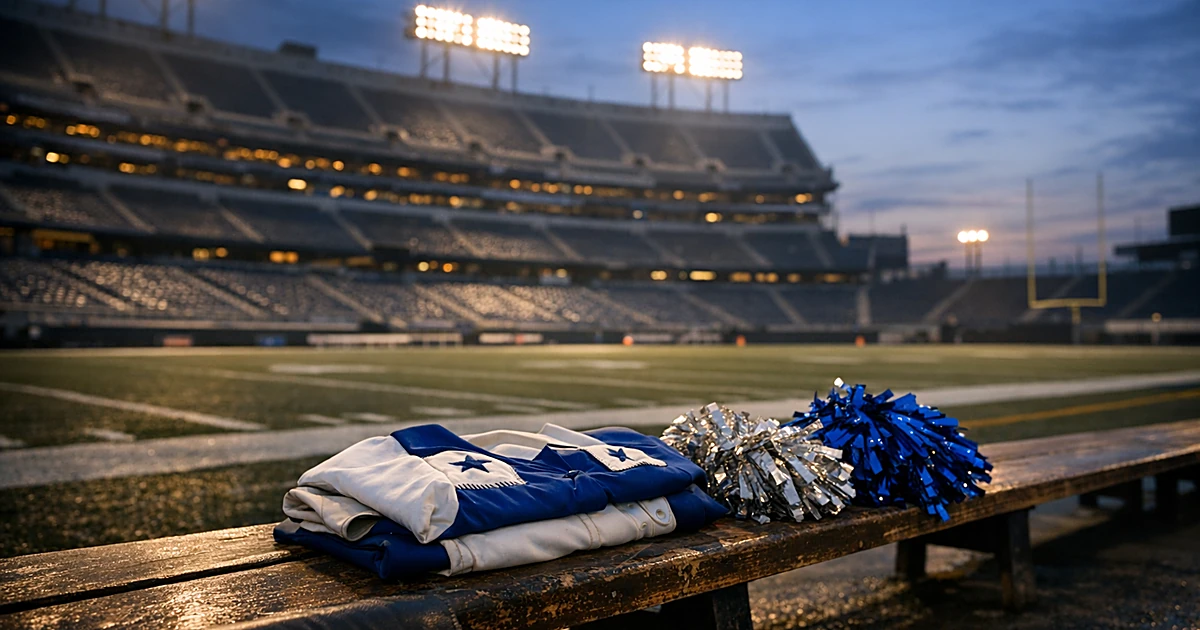 Empty football stadium at dusk with cheerleader uniform and pom-poms on sideline bench under glowing stadium lights
