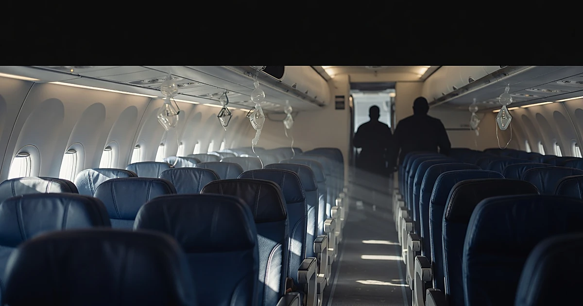 Empty aircraft cabin interior with haze in emergency lighting and oxygen masks deployed from overhead panels