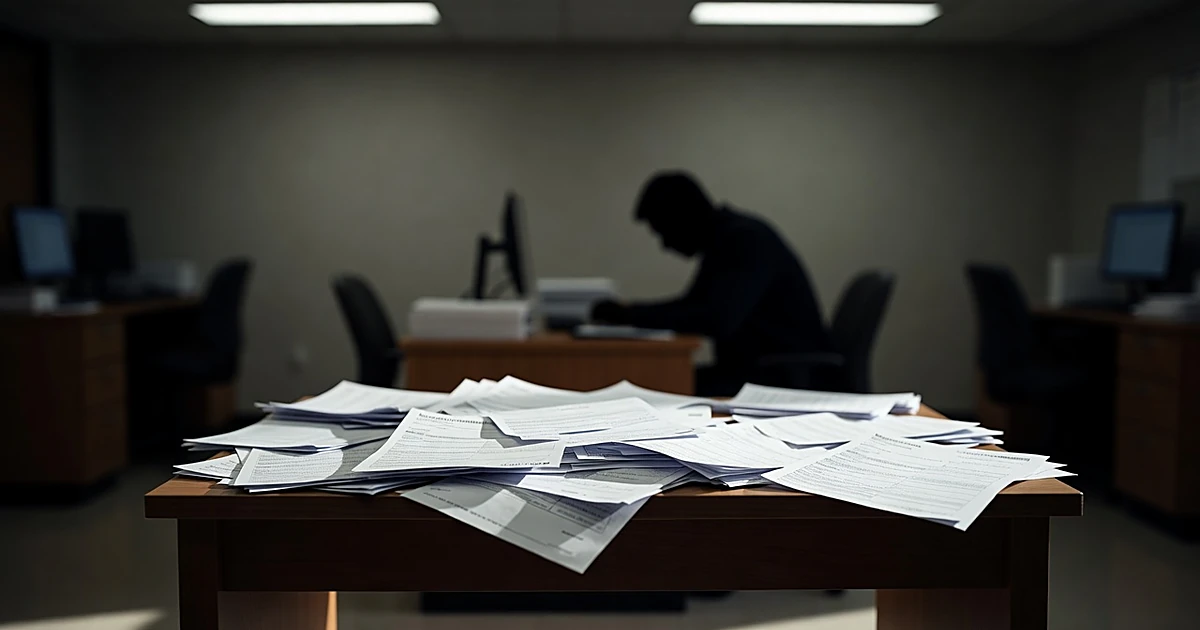 Medical bills and collection notices on desk with silhouetted figure in background at billing office