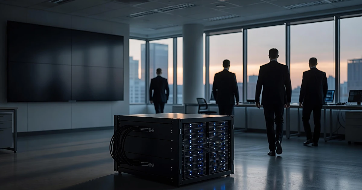 Server racks with glowing indicators in technology facility with silhouetted figures in background
