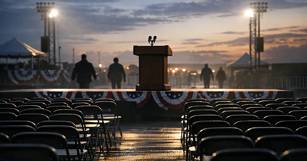Empty campaign rally venue with abandoned stage and rows of vacant chairs at dusk