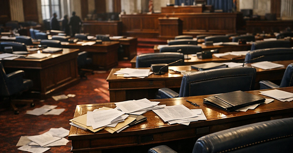 Empty legislative chamber with scattered papers on desks and dramatic side lighting through tall windows