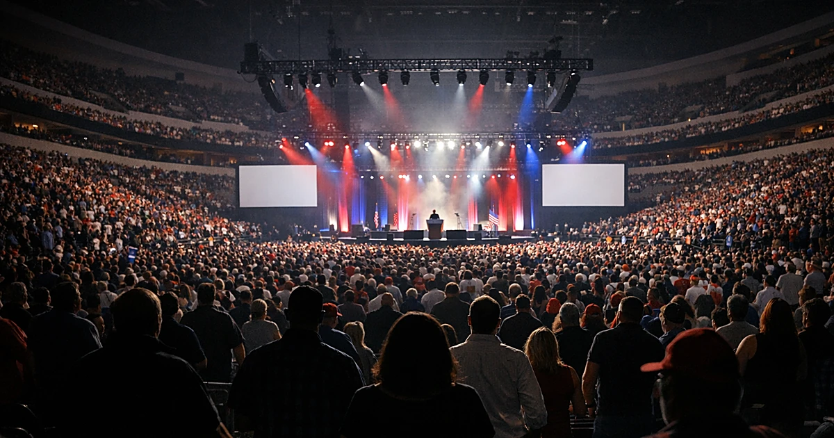 Wide view of crowded political rally arena with silhouetted attendees and illuminated stage