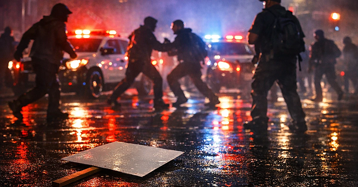 Police lights illuminate wet pavement and discarded protest sign at nighttime demonstration scene