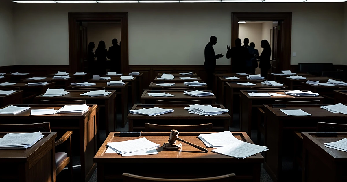 Empty state legislative chamber with scattered papers on desks and silhouetted figures in background doorway