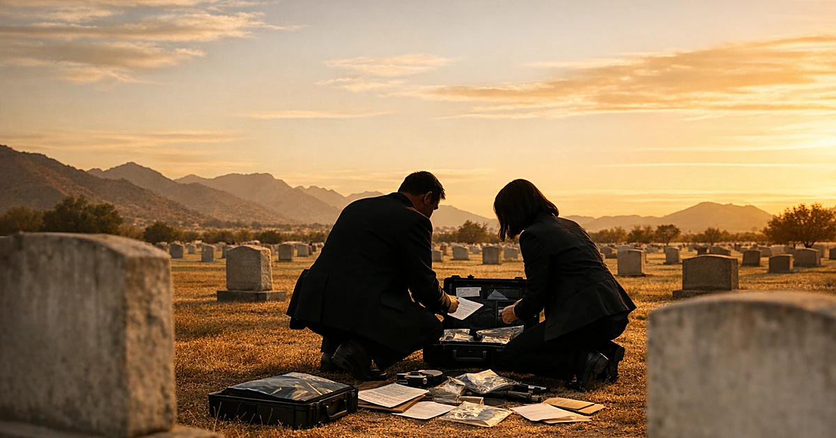 Desert cemetery at sunset with silhouetted investigators examining evidence case among headstones