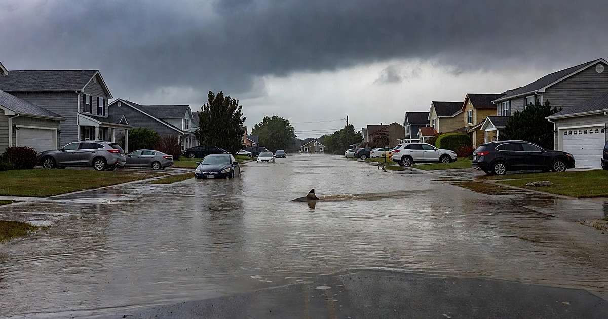 Dorsal fin visible in flooded suburban street with submerged vehicles during coastal storm
