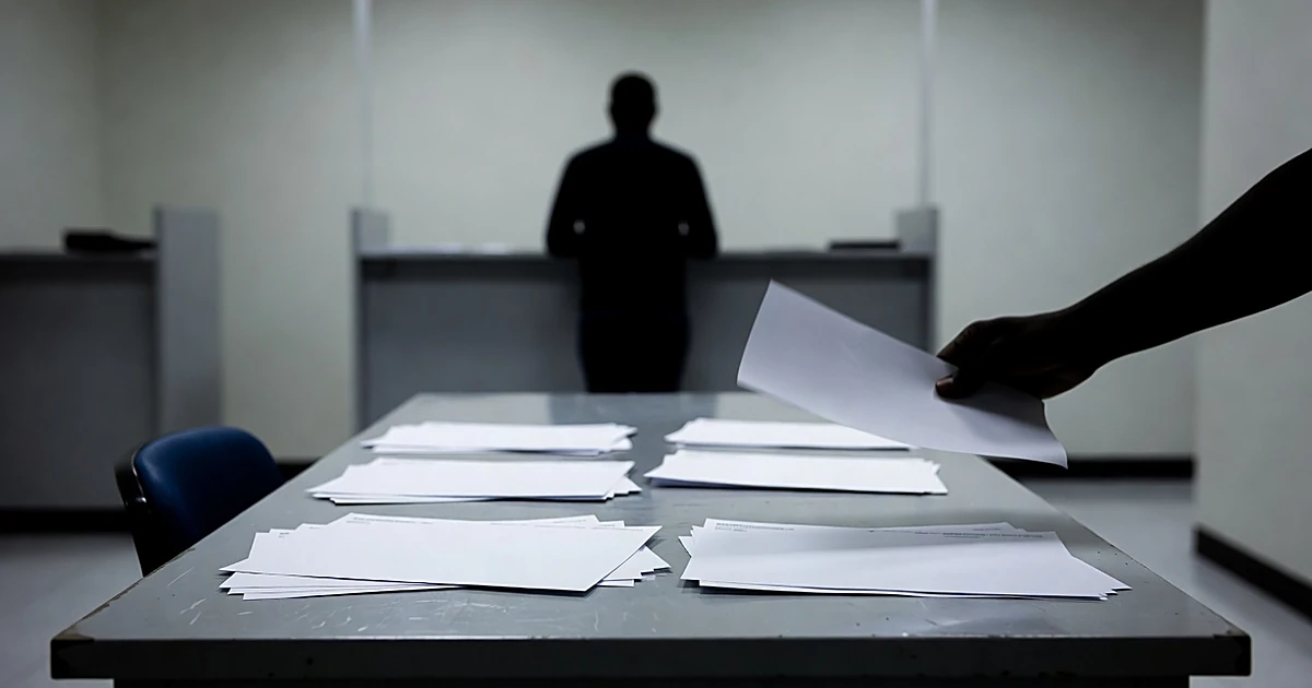 Immigration processing room with blank voter registration forms on desk and silhouetted officials