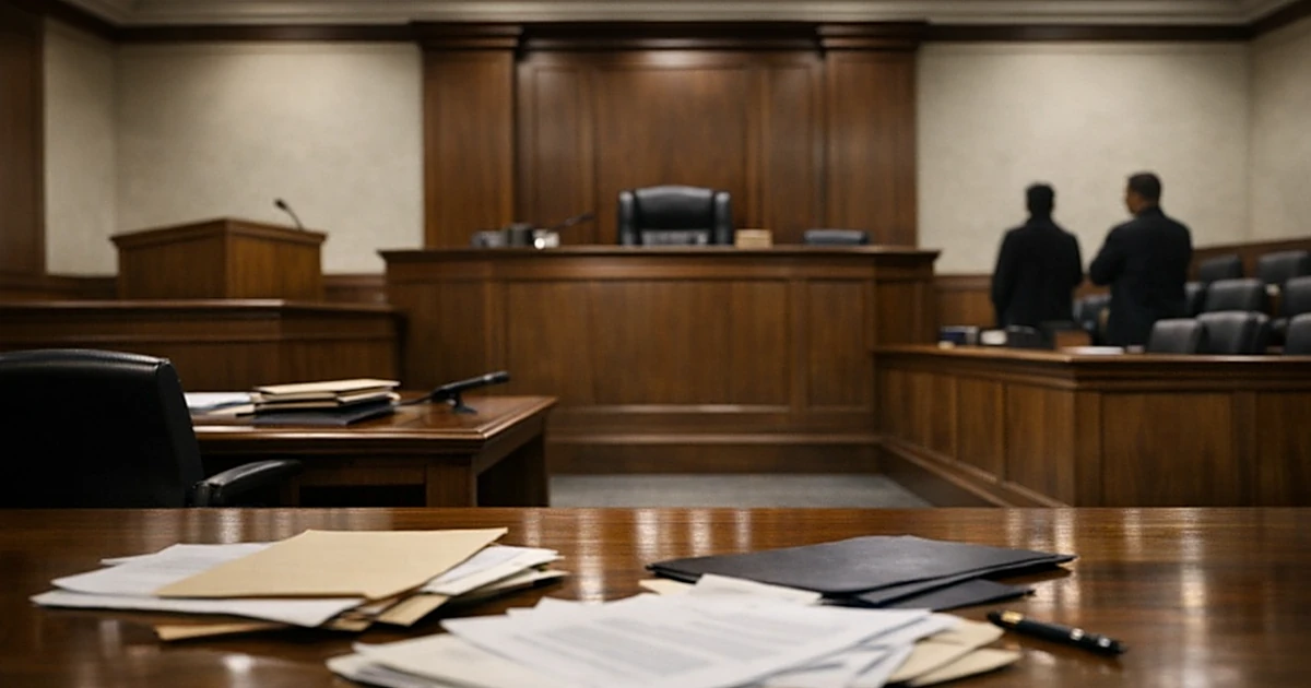 Empty federal courtroom interior with judge's bench, witness stand, and scattered legal documents on table