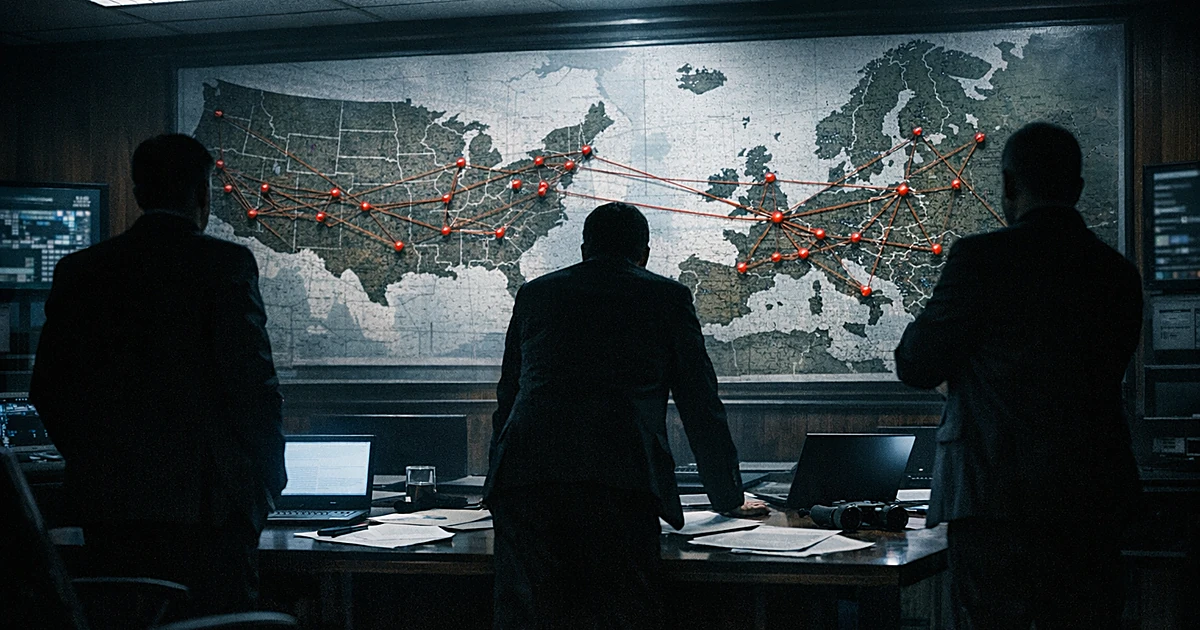 Federal operations room with wall map showing investigation locations across US and Europe