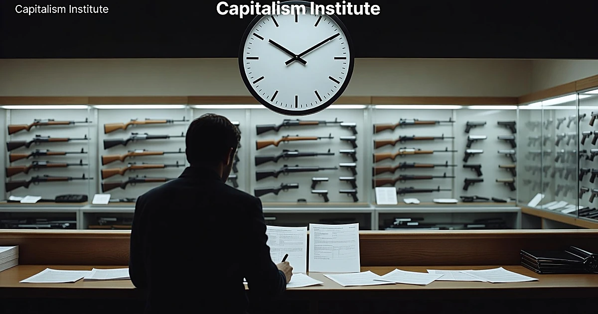 Gun store counter with silhouetted customer completing paperwork as wall clock shows passage of time