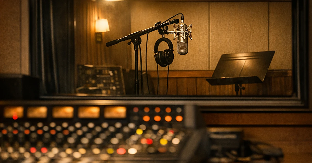 Empty recording studio vocal booth with vintage microphone and mixing console in foreground