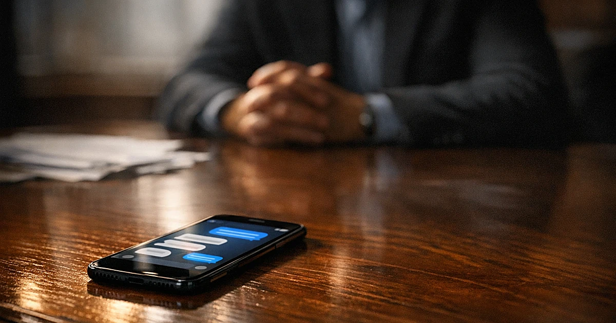 Smartphone with text messages on conference table with silhouetted figure in background