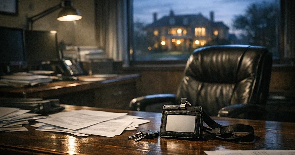 Empty security office desk with scattered documents and vacant chair, mansion visible through window at dusk