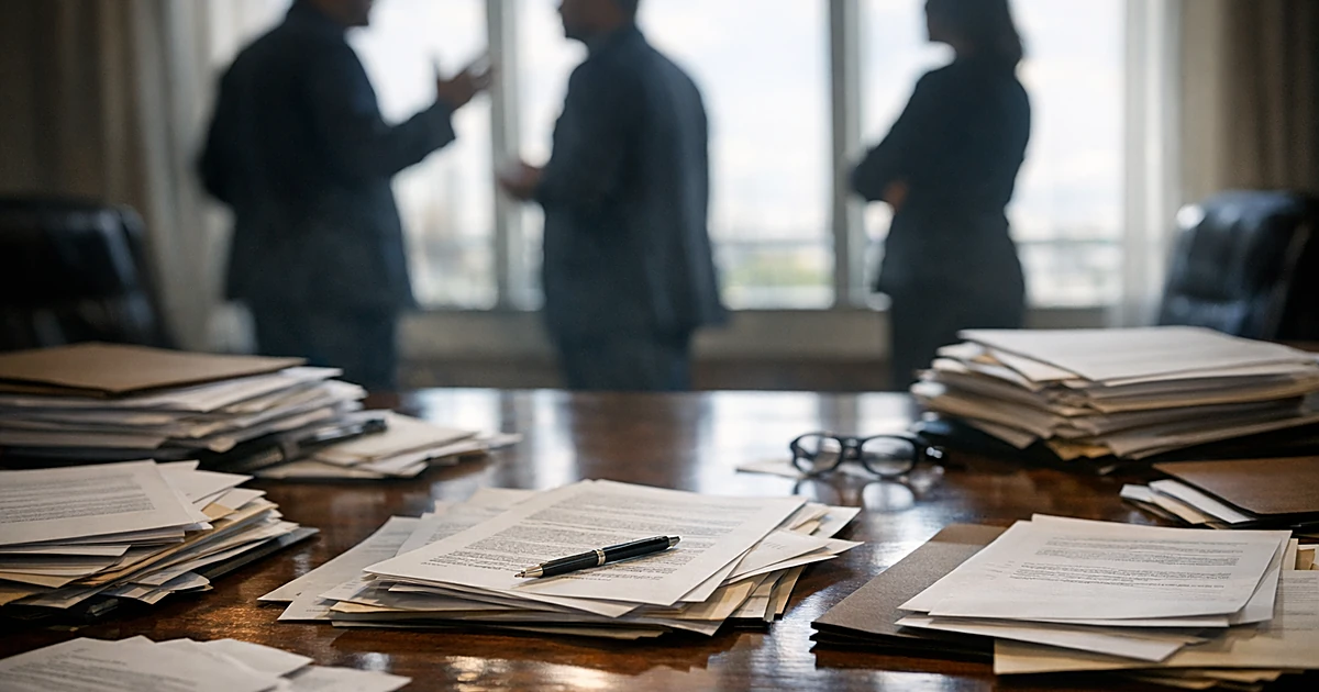Legal documents scattered on conference table with silhouetted attorneys in background discussing estate matters
