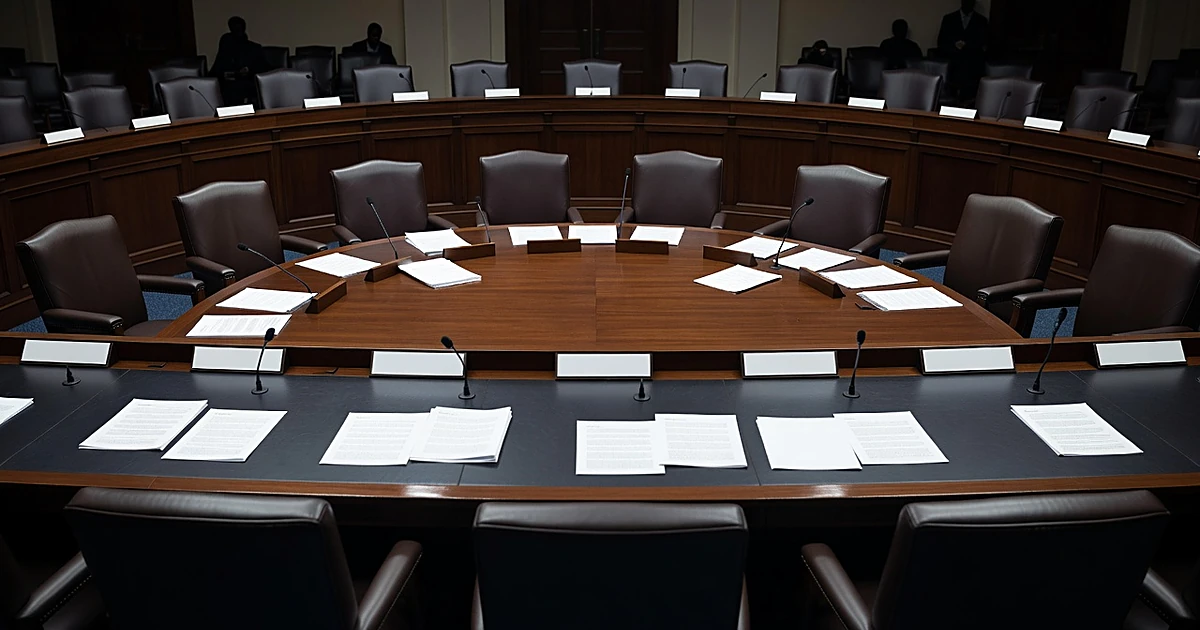 Empty Senate committee hearing room with curved dais, microphones, and scattered papers on polished wood surface