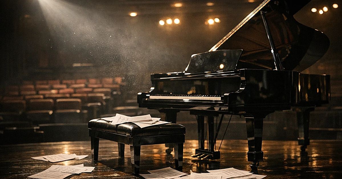 Grand piano on empty Broadway stage with scattered sheet music under dramatic stage lighting
