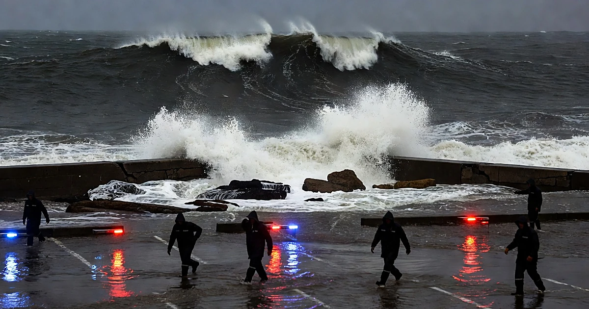 Massive ocean swells crash against California coastline as flooding submerges coastal infrastructure at stormy dusk