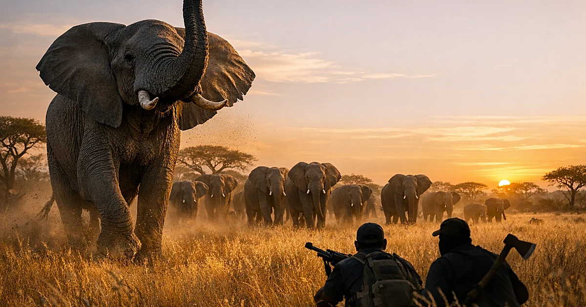 Elephant herd moving through savanna grassland at dusk in protective formation with raised trunks