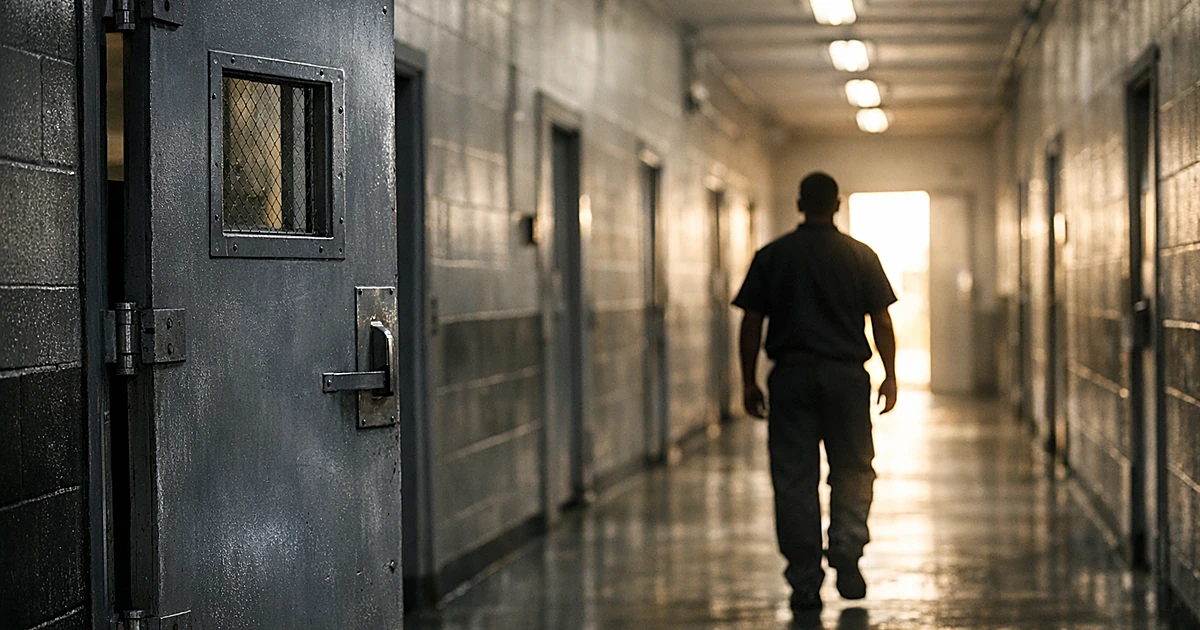 Prison corridor with silhouetted figure walking toward bright doorway, heavy steel door partially open in foreground