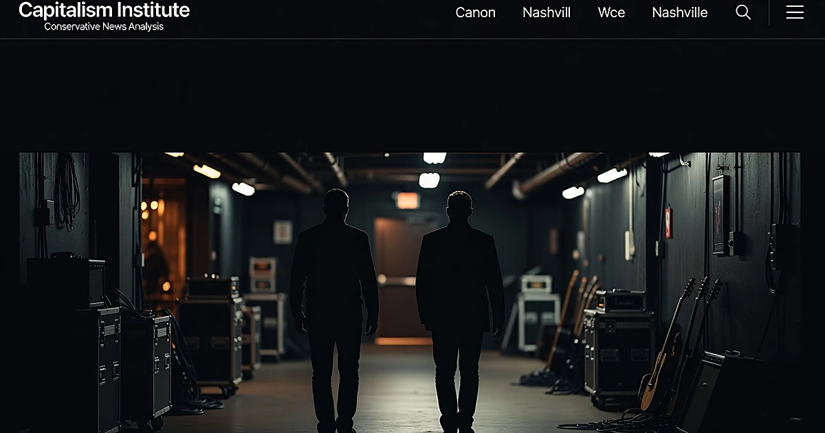 Two silhouetted figures walking toward exit in backstage corridor with warm stage lighting