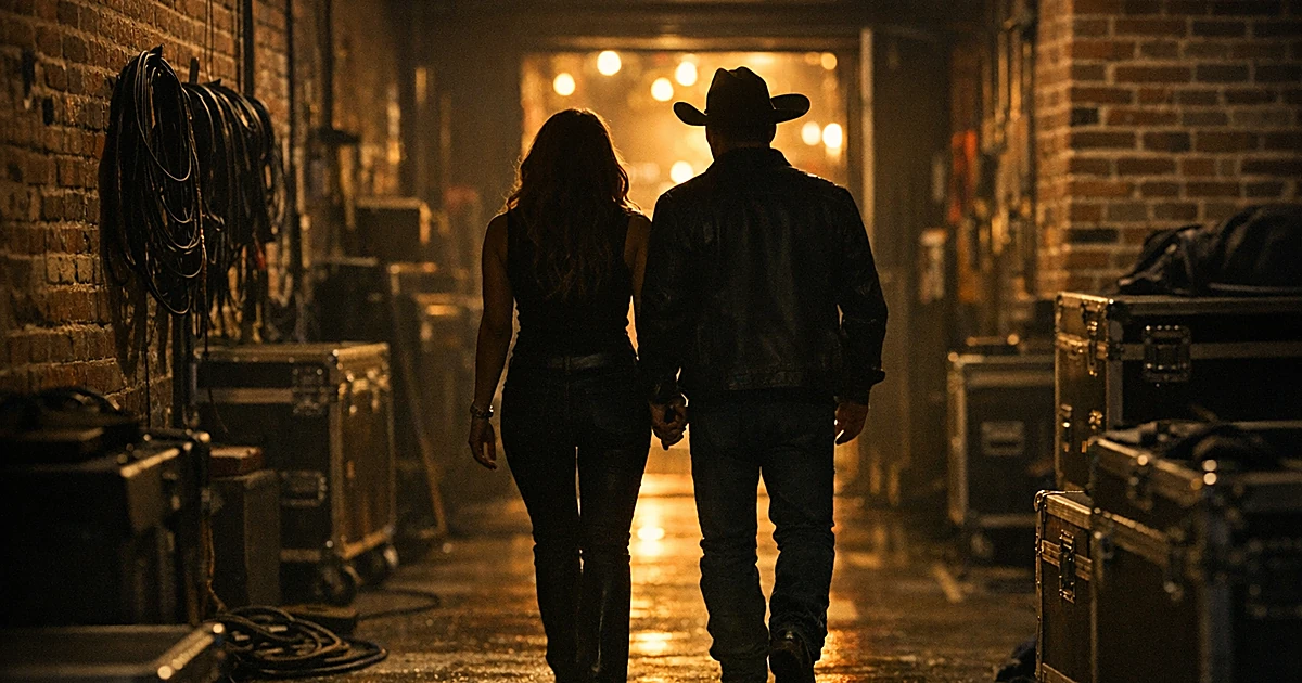 Two silhouetted figures walking through backstage corridor with warm stage lighting