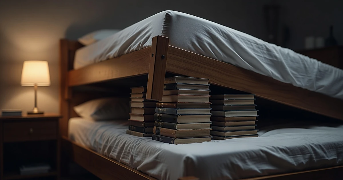 Stack of books propped under bed frame creating an incline for acid reflux relief