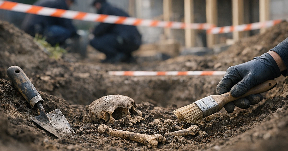 Archaeological excavation site in residential backyard showing ancient bone fragments emerging from dark soil