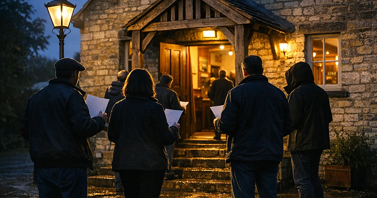 Silhouetted villagers gathered outside a rural English village hall at dusk holding papers
