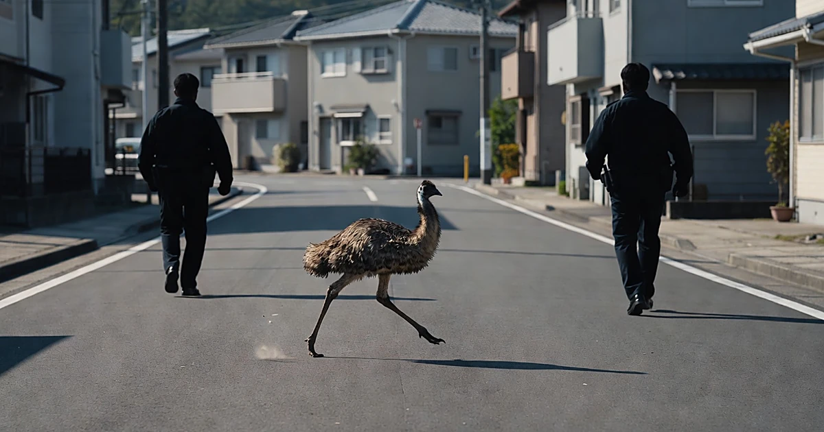 Emu running down residential Japanese street with police silhouettes in pursuit