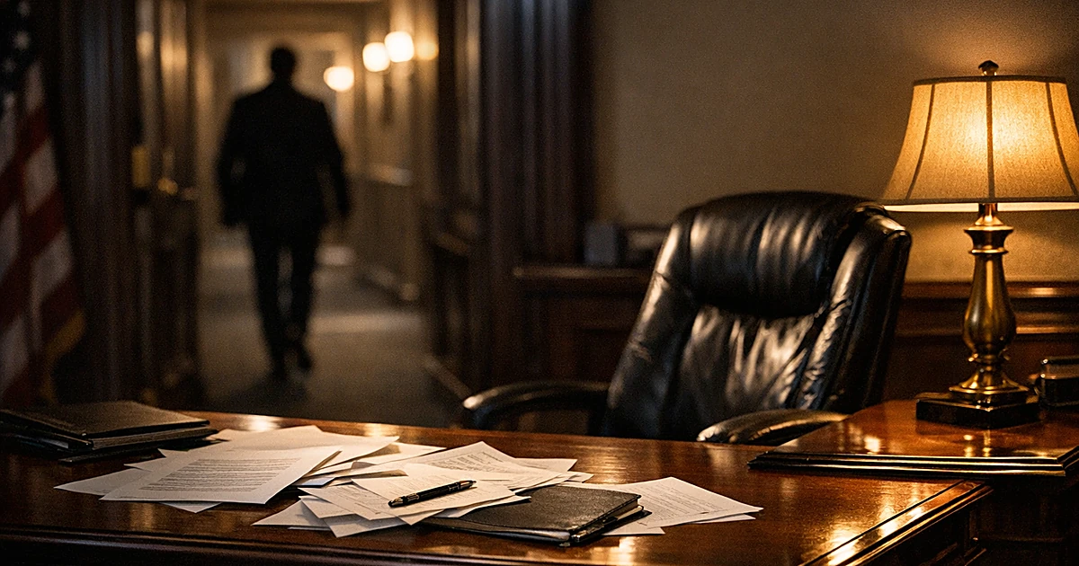 Empty congressional office with scattered papers on desk and silhouetted figure departing through doorway