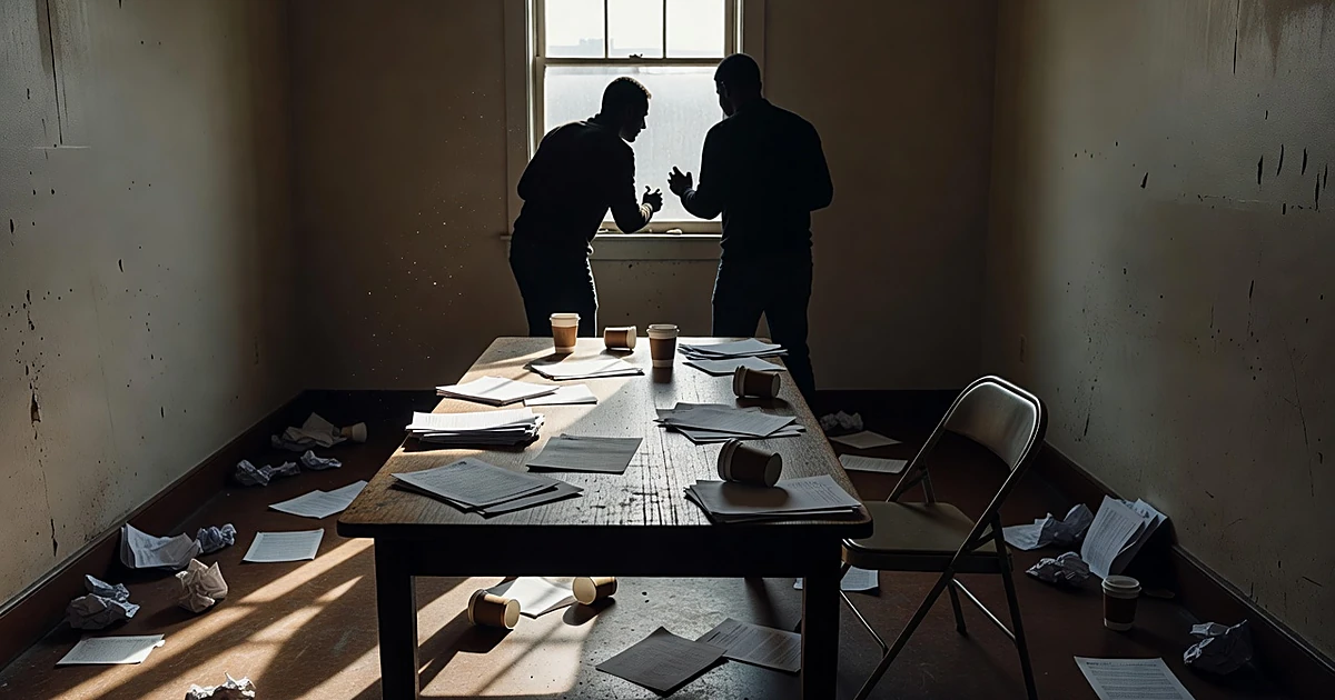 Silhouetted figures in tense discussion inside cluttered organizing office with scattered papers on table
