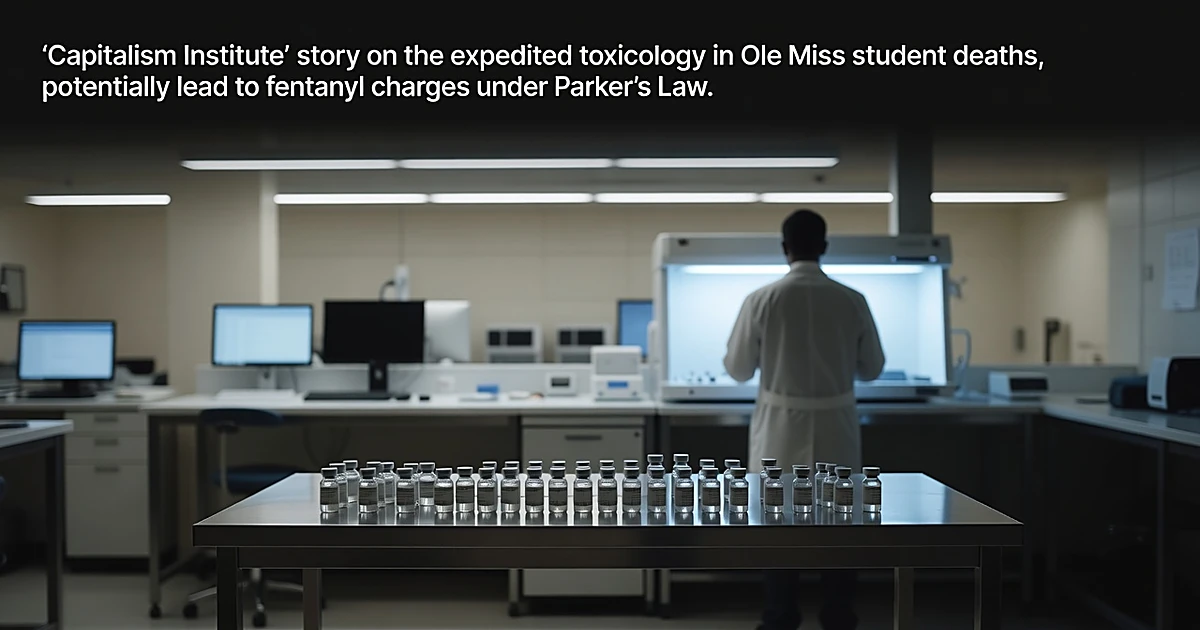 Crime laboratory with evidence vials on examination table and silhouetted technician working at analysis station