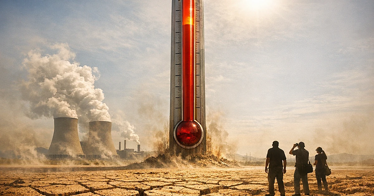 Large thermometer rising from cracked dry earth with heat distortion and industrial cooling towers in background
