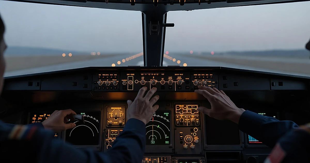 Boeing 737 Max cockpit instrument panel with pilot hands reaching toward autopilot controls during approach