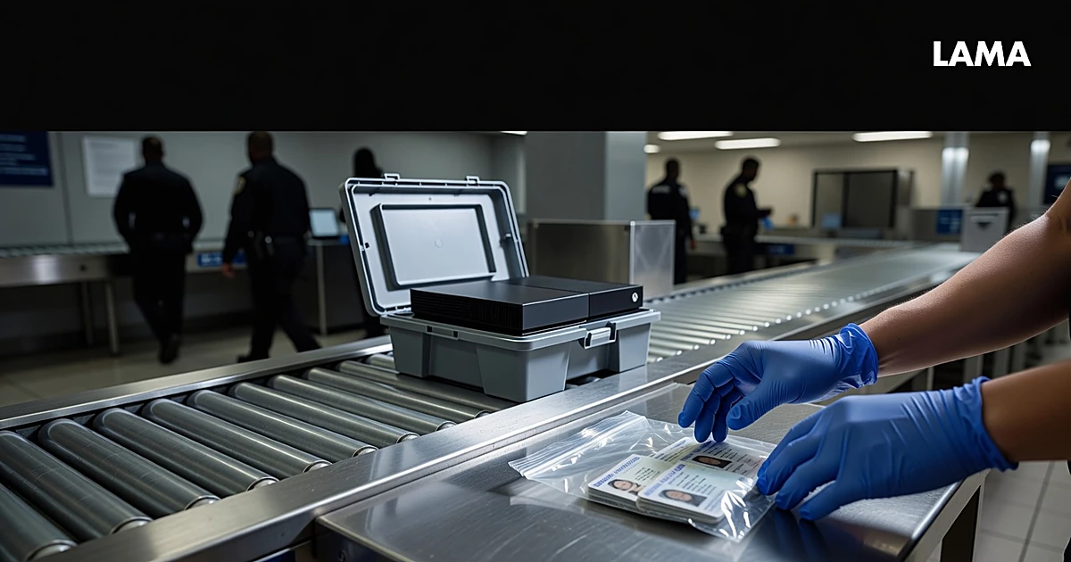 TSA security checkpoint with gaming console in bin and evidence bag containing fake IDs on inspection table