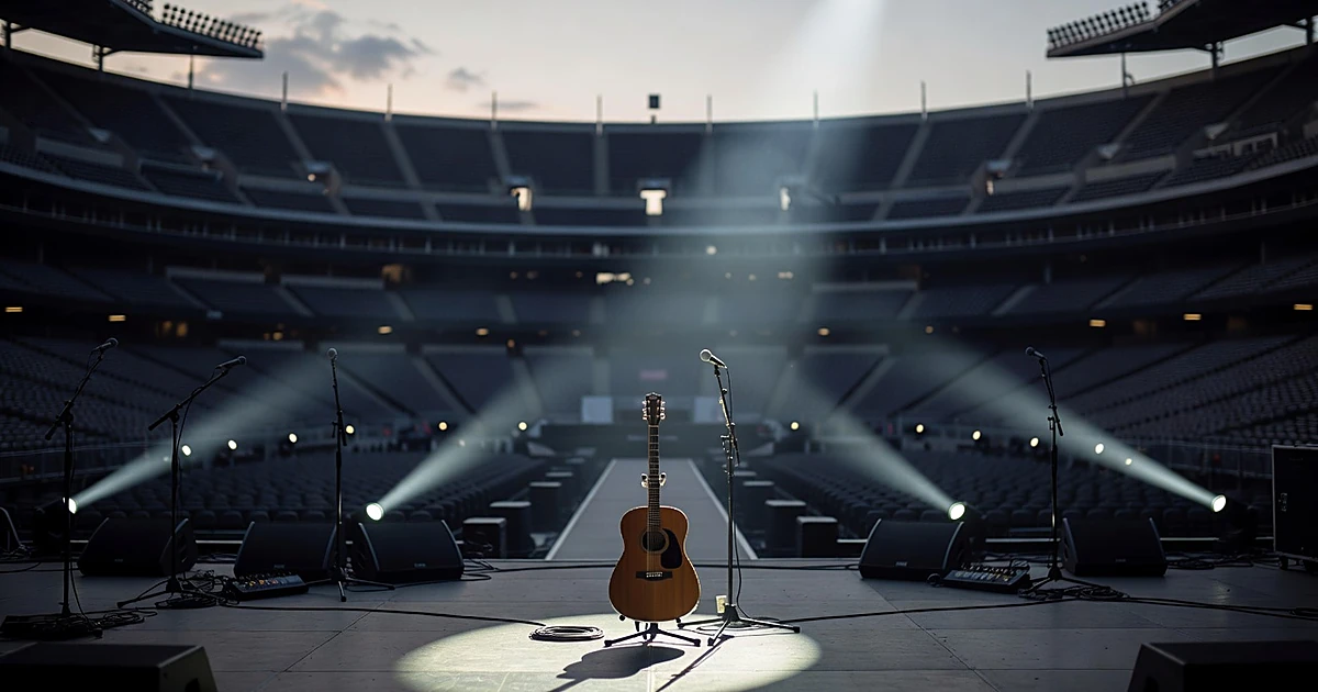 Empty concert stage with acoustic guitar and microphone stands in large stadium venue at dusk
