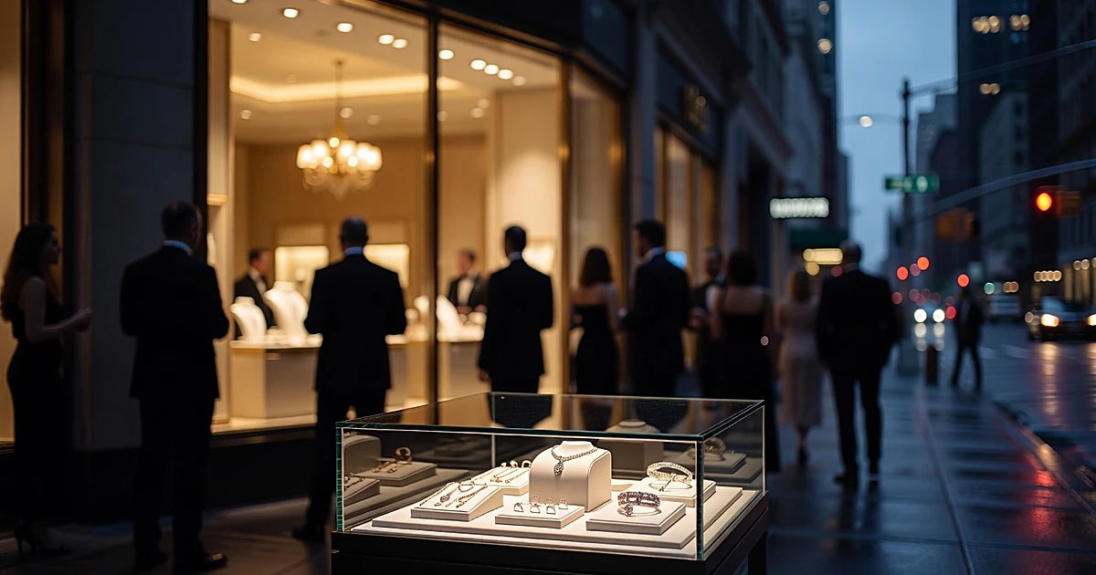 Luxury jewelry display window with evening event silhouettes visible inside Manhattan boutique