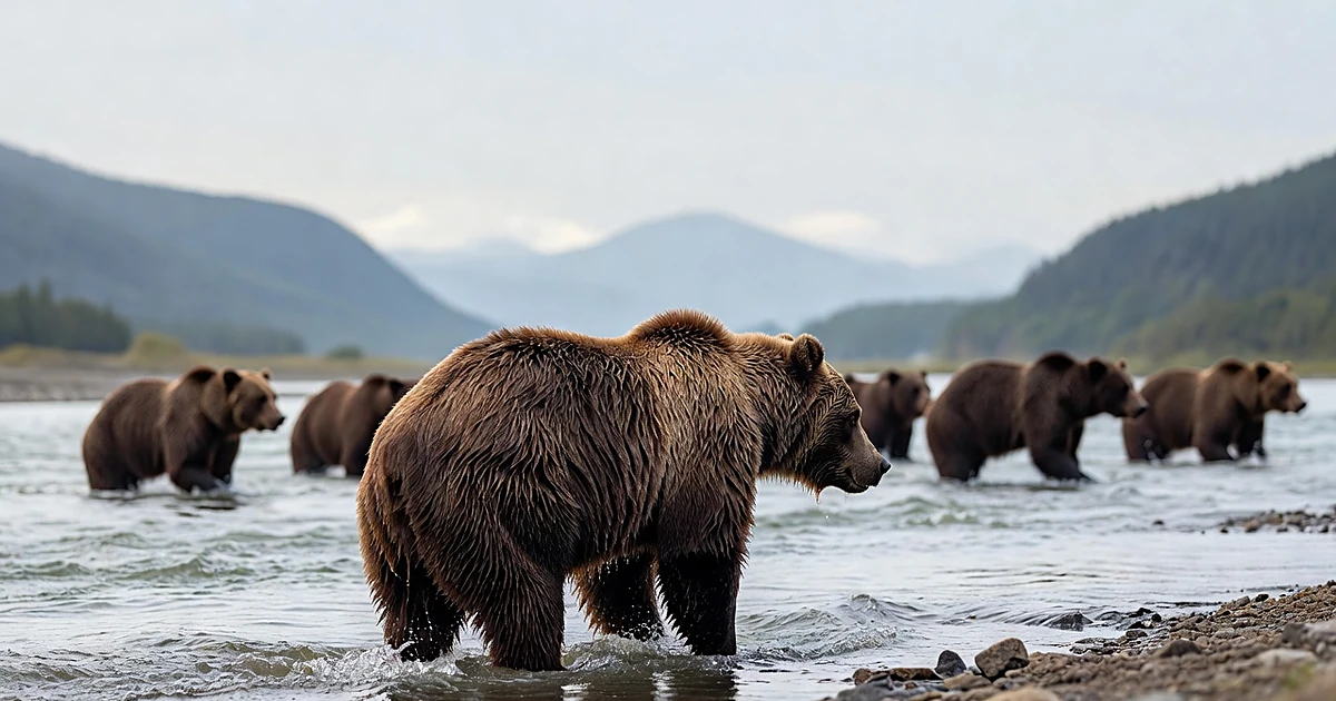 Brown bear standing in rushing river water with misty mountains in background