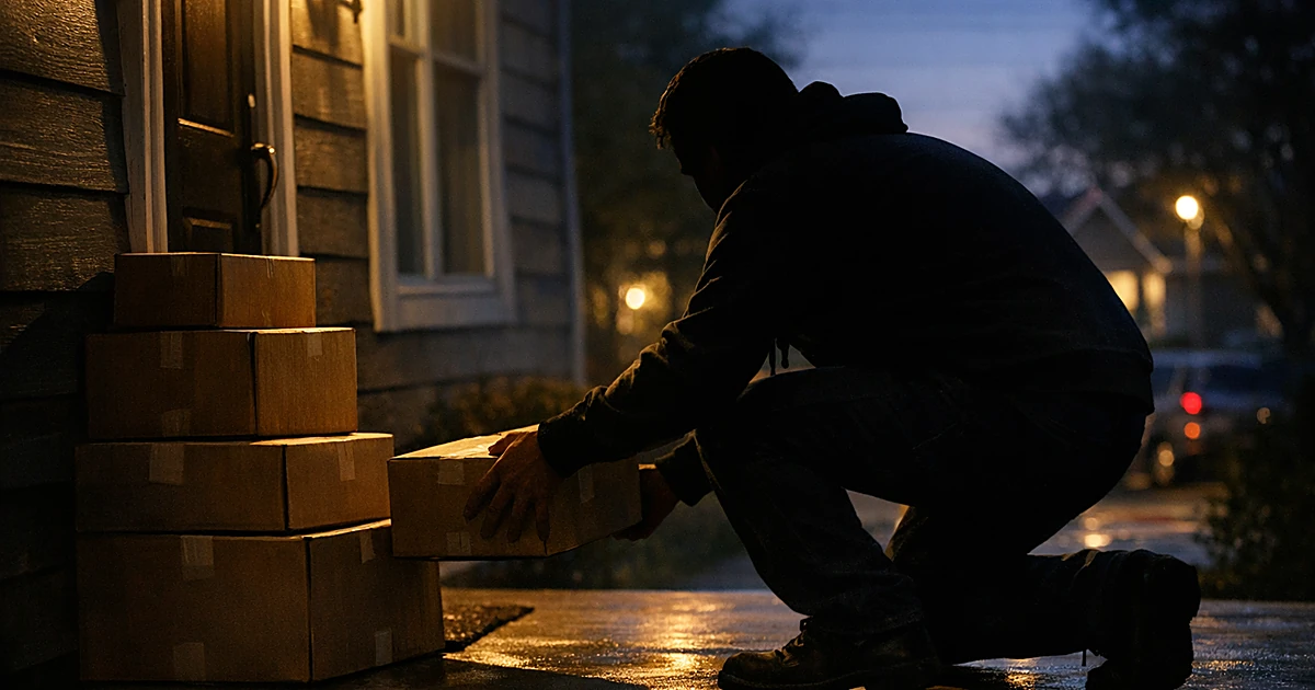 Delivery boxes stacked on residential porch at dusk with silhouetted figure reaching for package