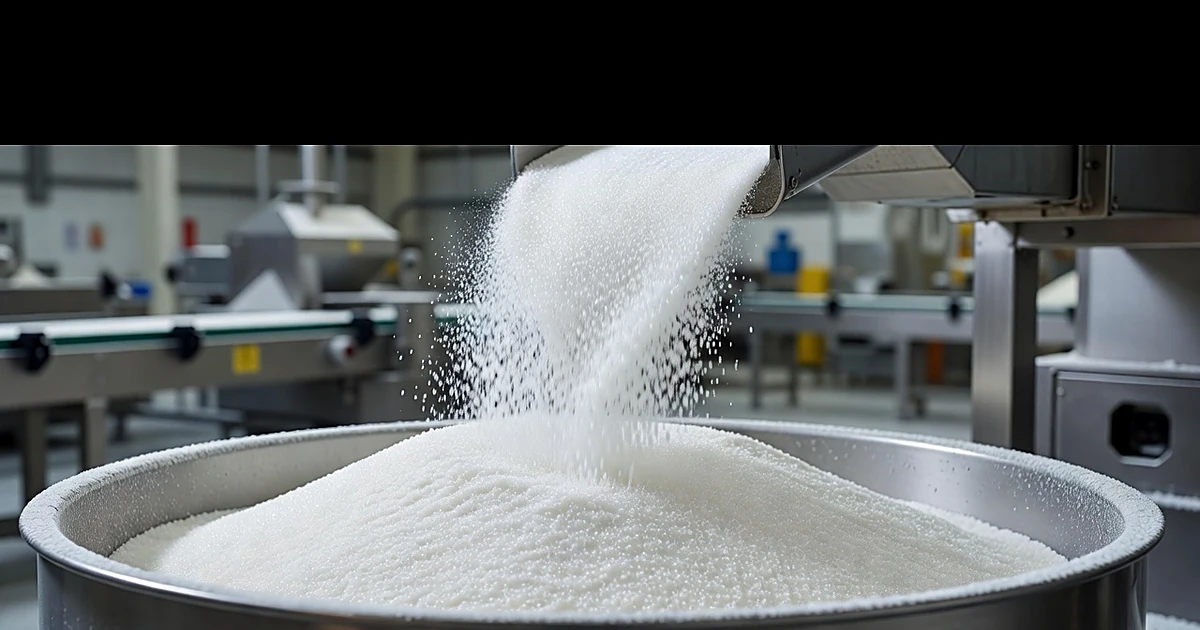 Industrial sugar pouring from production line into stainless steel bin in food processing facility