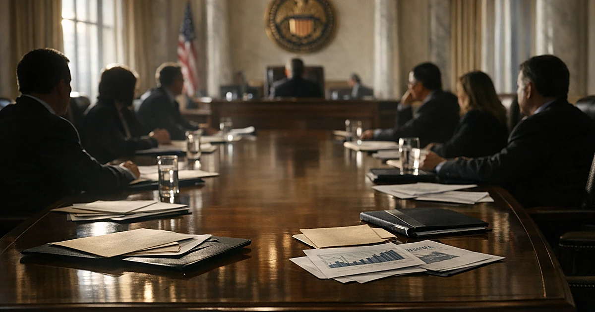 Federal Reserve boardroom with silhouetted officials seated around conference table with scattered documents