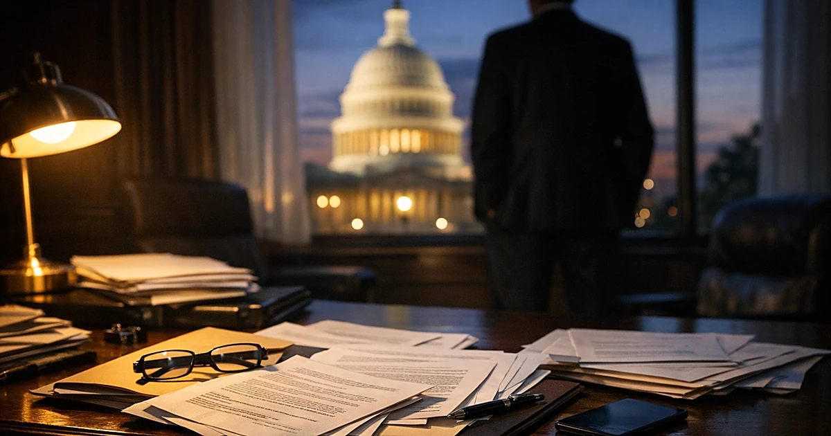 Government office desk with subpoena documents, silhouetted figure at window overlooking Capitol dome at dusk