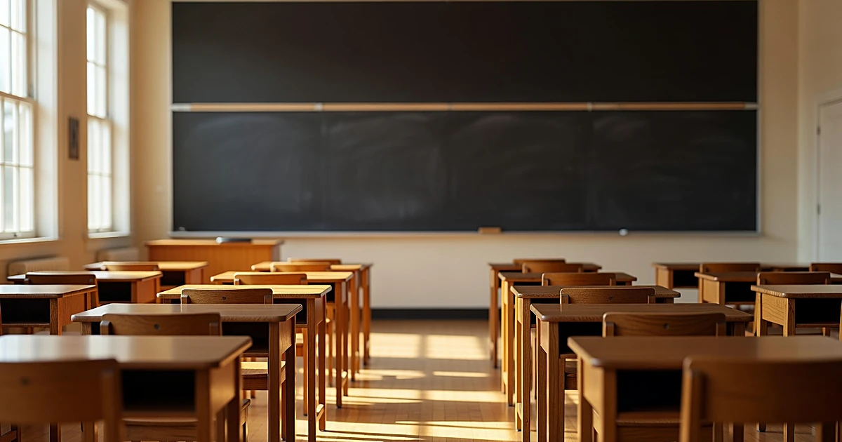 Empty charter school classroom with rows of desks and afternoon sunlight streaming through windows